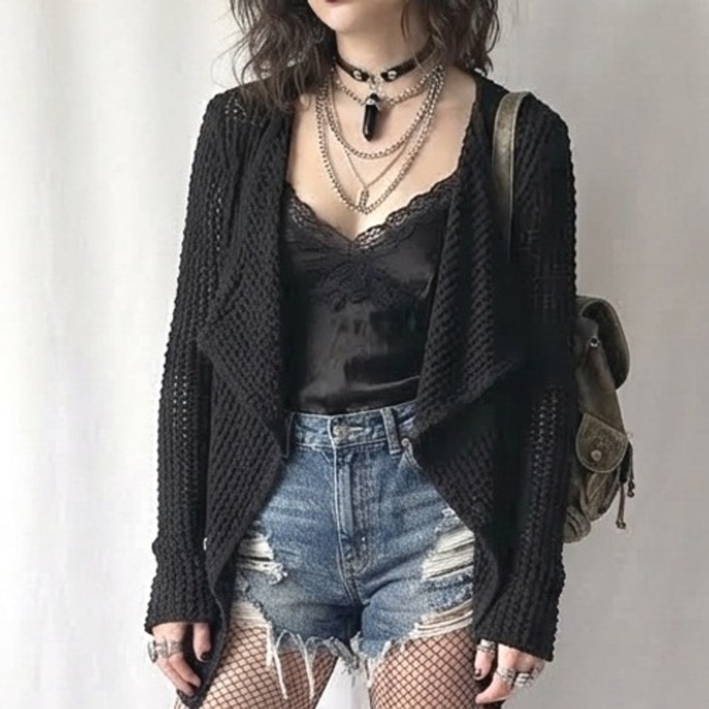 Black Open Waffle Knit Cardigan Women Sz M Witchy Forest Fairy Grunge Goblincore